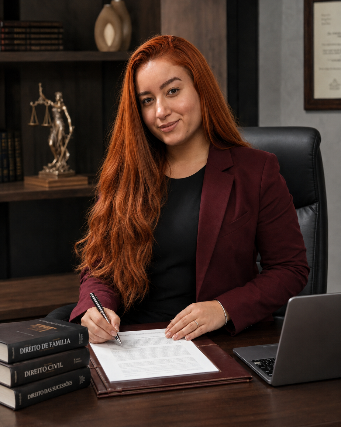 Samantha Lemes trabalhando em sua mesa