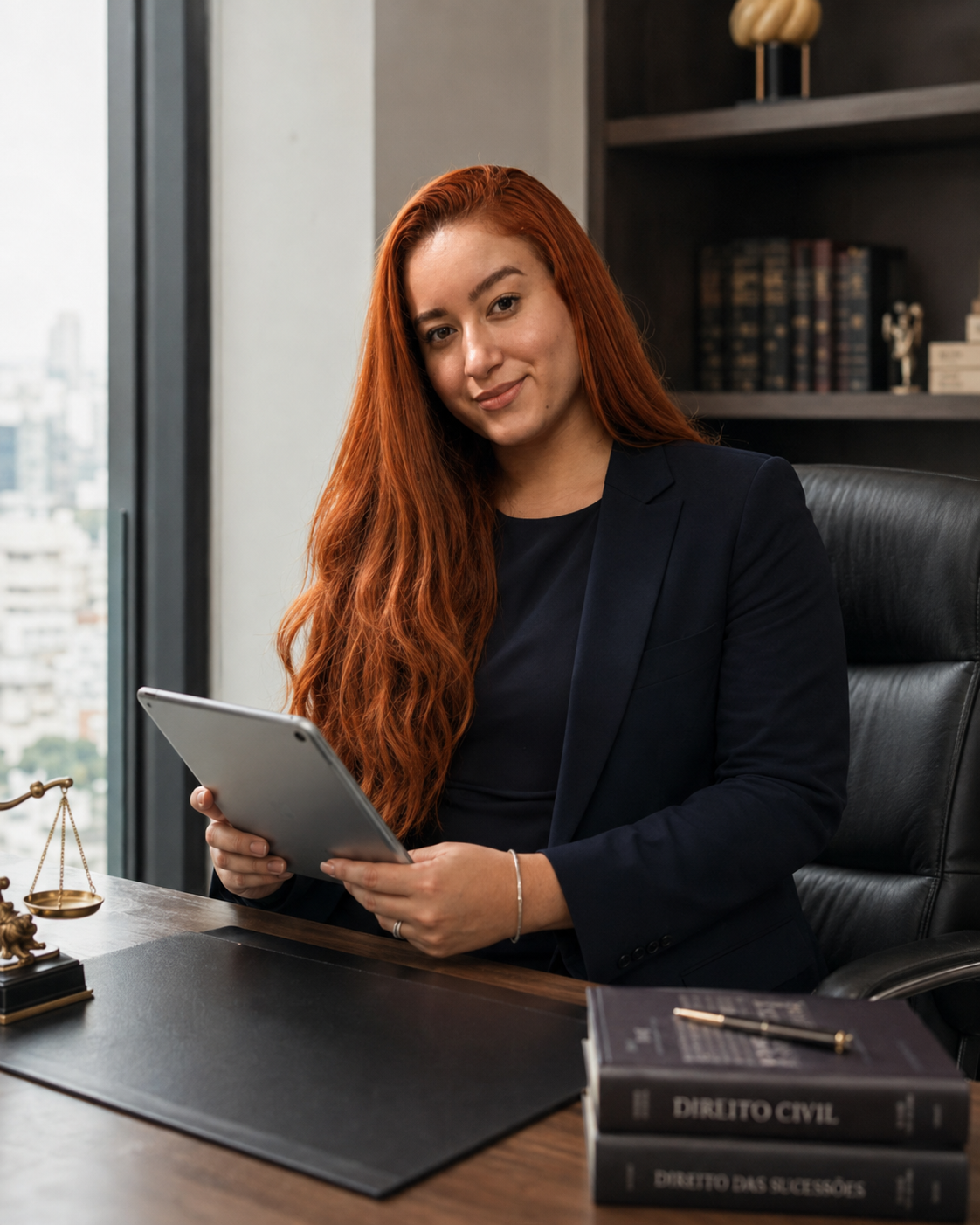 Samantha Lemes em atendimento digital com tablet